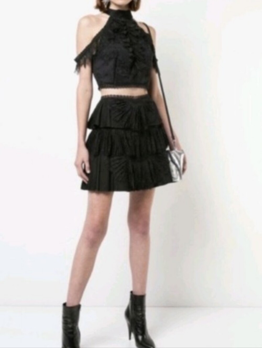 Alice + Olivia Iggy Black Rosetta Pleat Tiered Mini Skirt Ruffle Sz 0